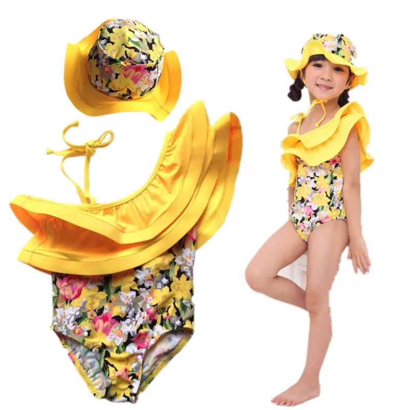 

Новый детский купальный костюм + шапка, комплект из 2 предметов, комплект с оборками, украшенное цветами желтого цвета для плавания зимний ко...