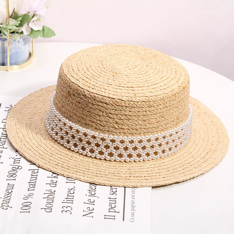 

New handmade pearl raffia flat straw hat women summer Korean version of sun-shading sun hat seaside vacation beach hat