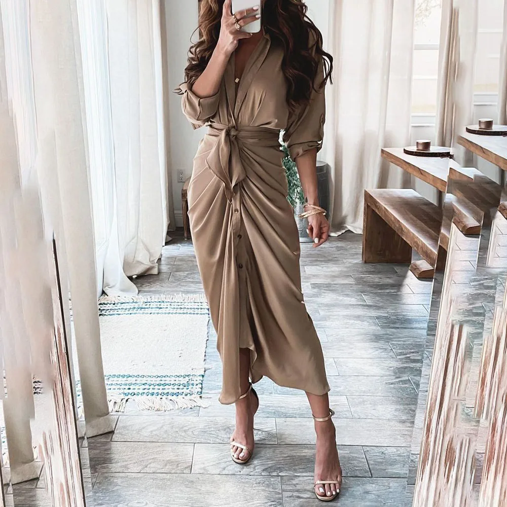 

Elegant Ladies Shirt Dress Fashion Turn-down Collar Draped Party Clothes Woman Casual Fashion Button Belt Irregular Long Dress