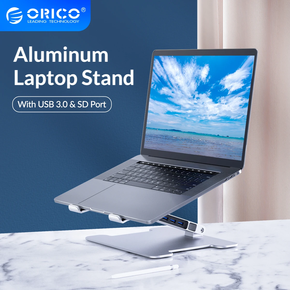 

ORICO Adjustable Laptop Stand Ergonomic Aluminum Foldable Laptop Cooling Computer Stand with USB3.0 HUB and SD Port for MacBook