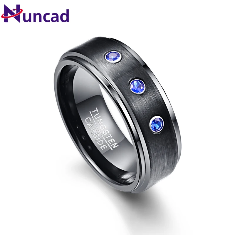 Мужское кольцо из карбида вольфрама NUNCAD черное обручальное с синей Фианитовой