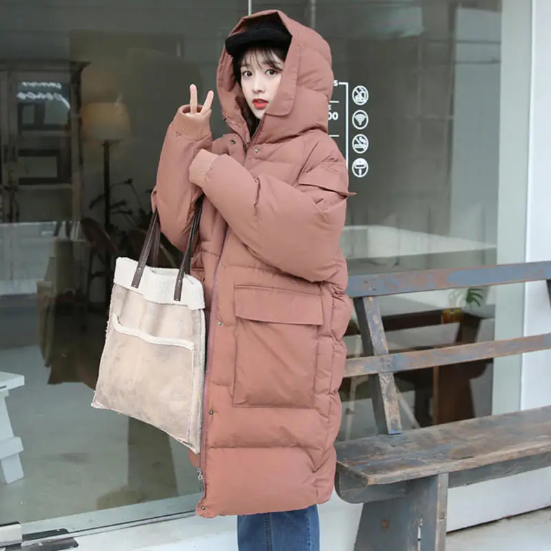 Brick red Parka Негабаритный пуховик из хлопка женские парки свободная теплая Длинная зимняя куртка женская с капюшоном на молнии однотонные зимние женские пальто с подкладкой Q2000 - Цвет: Brick red Parka