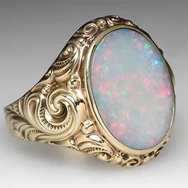 

Fashion Palace Style Engraving Geometric Irregular Pattern Inlaid Oval Opal Ring for Women Female Party Wedding Jewelry