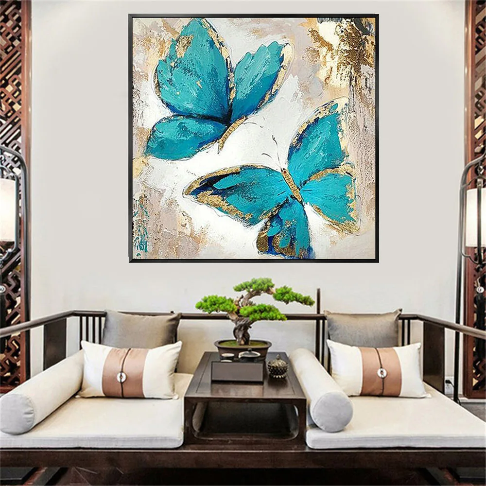 

HAND MADE BLUE BUTTERFLIES OF STEEL LOVE Wall Art Abstract Oil Painting On Canvas Painting FOR WEDING SCENE Bedroom Cuadros