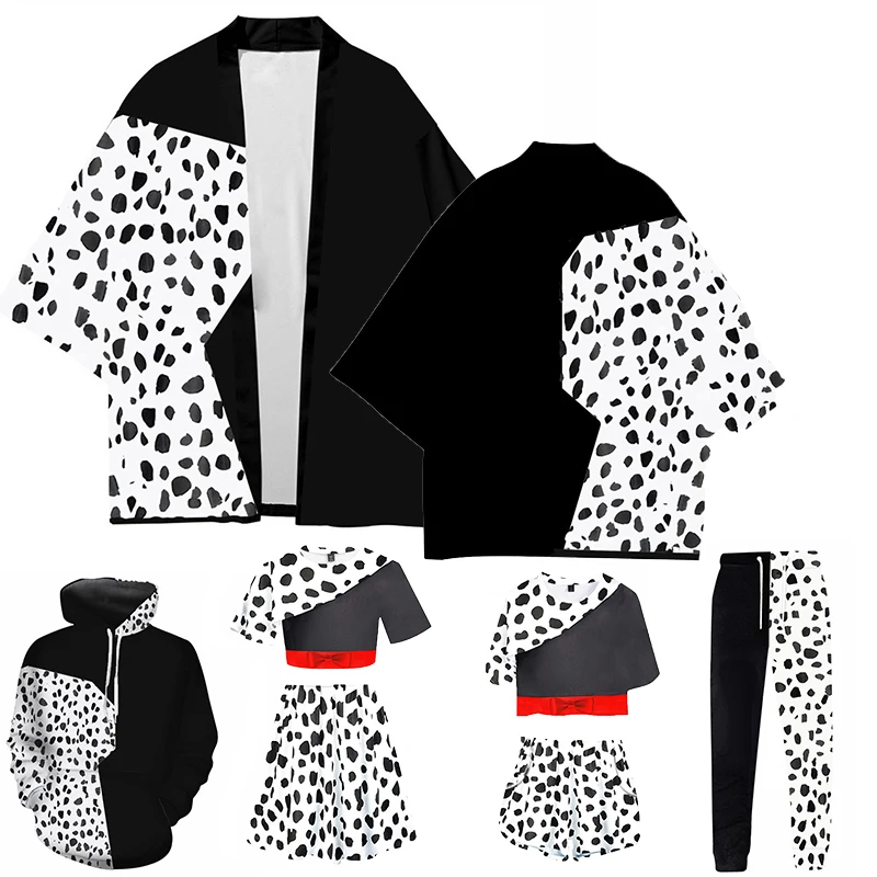 

Костюм для косплея Cruella De Vil из фильма, плащ, Мужская толстовка, рубашка, шорты, Женская пикантная юбка до пупка, костюм-кимоно на Хэллоуин, оде...