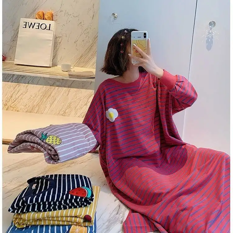 PLUS SIZE Women Long Nightdress Sleepwear Spring Autumn Long Nightgown Nightwear Loose Bathrobe Striped Home Dress 5XL