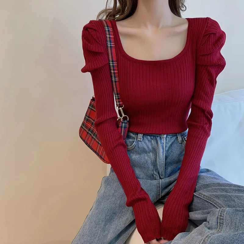 

Women's Knitted Pullover Square-neck Puffed Sleeves Striated Pleated Tops Wholesale Spring Autumn 2021 New Fashion Lady Clothes