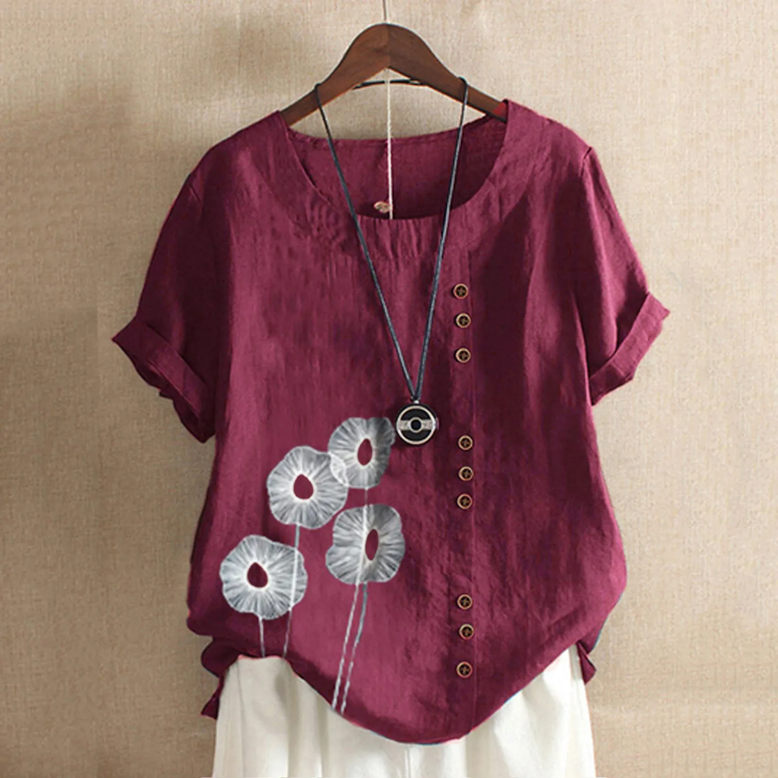 

Women Print Casual Short Sleeve O-Neck Button Loose Shirt Top Blouse Vetement Femme Top Summer Топик Женский 2021@Q