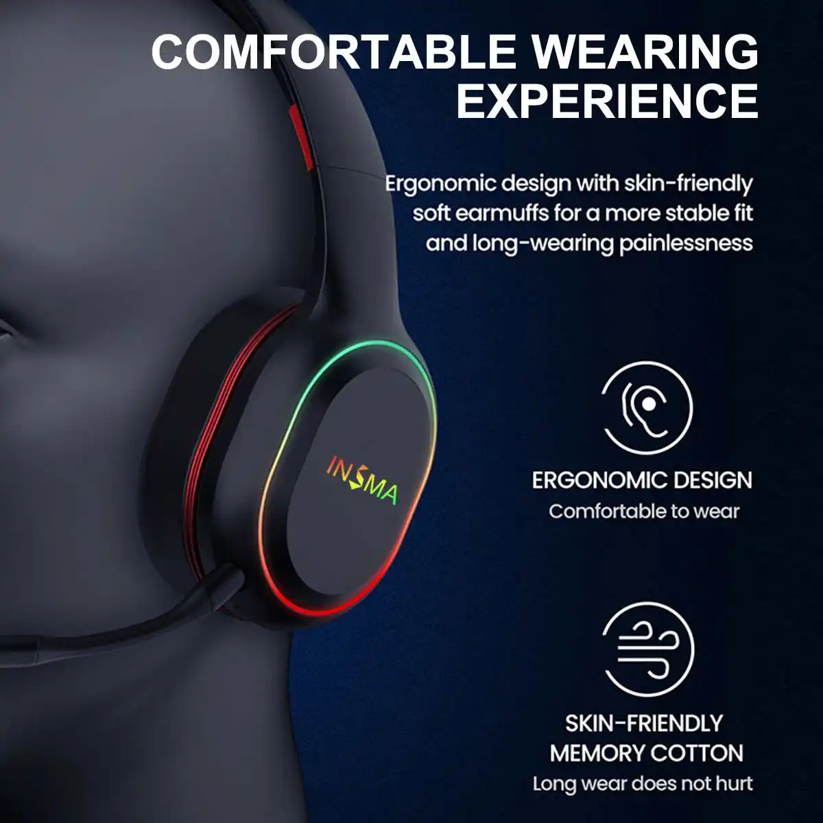 INSMA Wireless bluetooth Over-Ear Headphones Colorful RGB LED Light Foldable 40Hours Gaming Headset with Mic For Gamer PC Phones