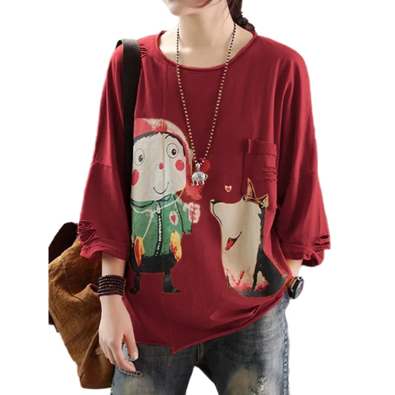 

Hole Fashion Women Tshirt Cartoons Printed Round Neck Full Sleeve Pocket Top Clothes Korean Casual Ladies Graphic Tees