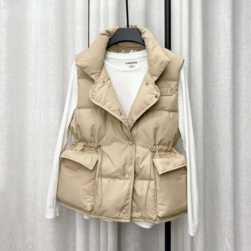 

Women White Duck Down Coat Waist Retractable Pocket Outwear Winter Stand Collar Single Breasted Light Down Short Jacket