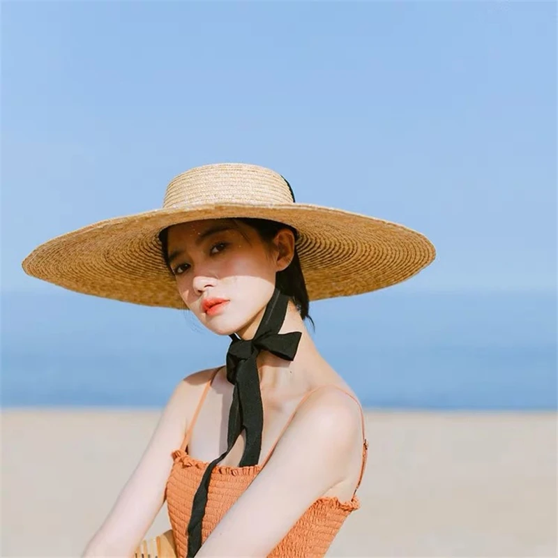 brim sun hat with long ribbon female beach hat ladies vacation straw uv hat for women garden japanese wholesale