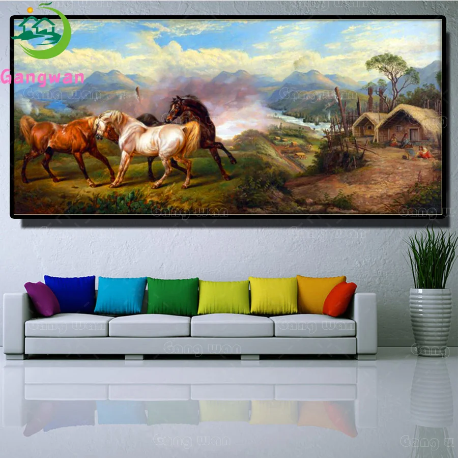 

DIY Diamond Painting Cross Stitch village horses and house Home Decor Diamond Embroidery large Full Resin inlaid 5D Needlework