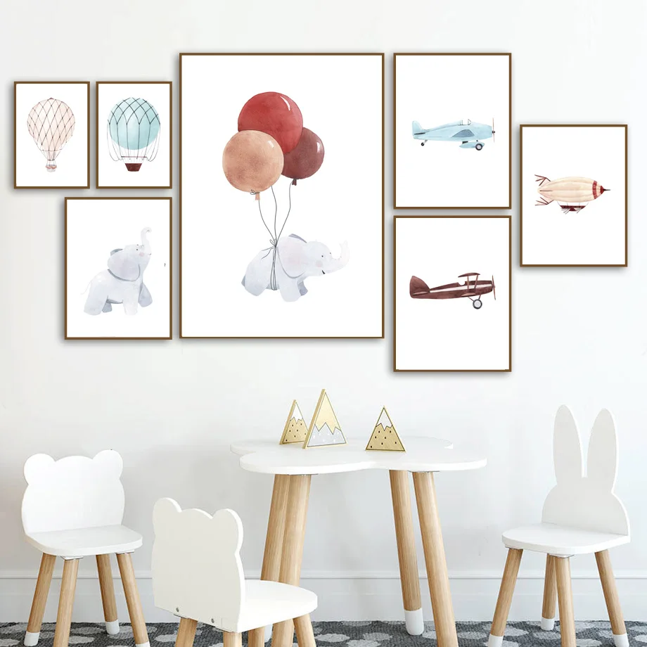 Мультяшный слон воздушный шар самолет настенная живопись холст скандинавские