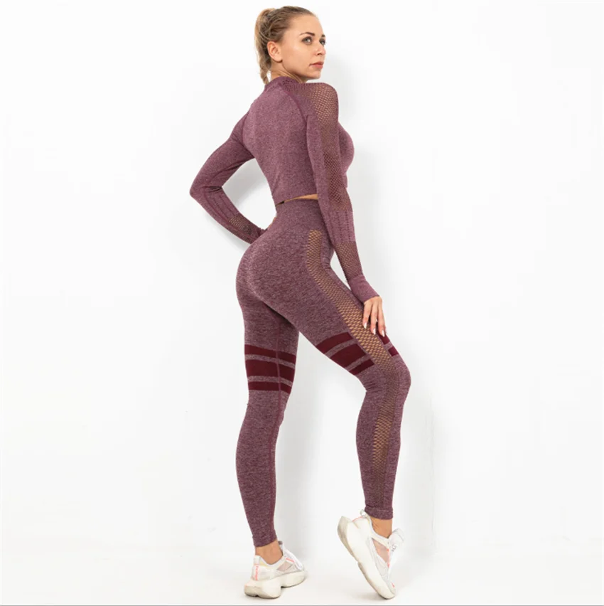 

Seamless yoga wear 2-piece suit mesh hollow fitness yoga top high waist hip lifting quick-drying sports tights DS81