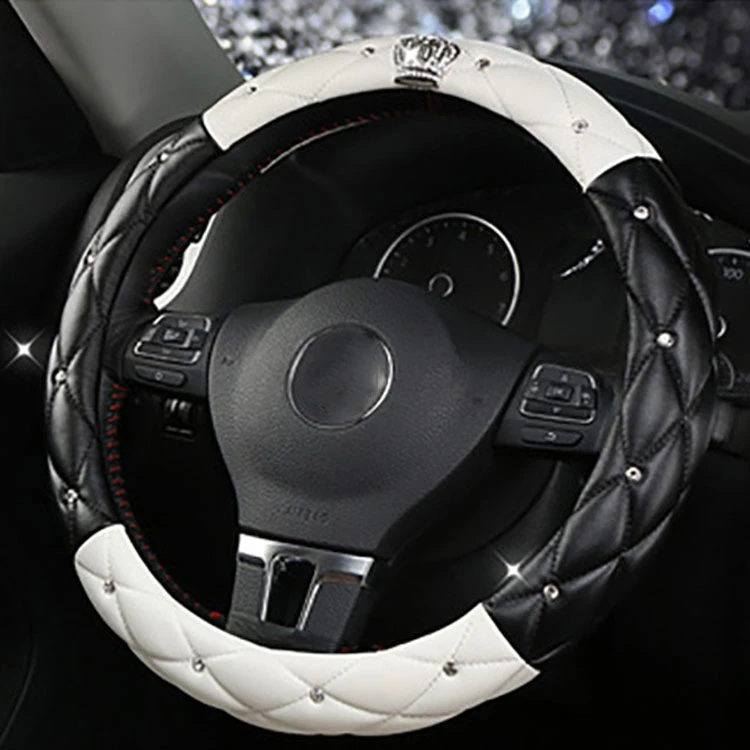 leather universal car steering wheel cover 38cm diamond blingbling auto steering car wheel cover woman car styling accessories free global shipping