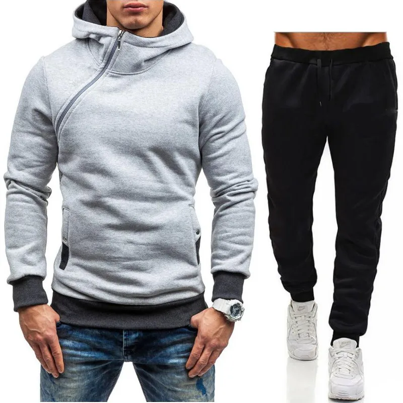 

2021 spring and fall men's oblique zipper solid color hooded pullover sweater + two-piece casual sports pants