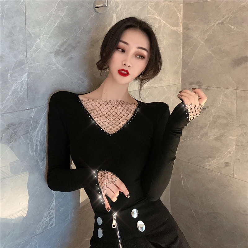 Chic Women Thin T-shirts Spring Long Sleeve Rhinestones Pullovers Femme Shiny Black Tops | Женская одежда