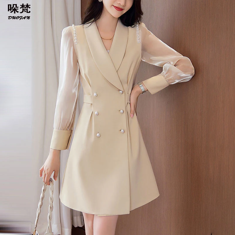 

DUOFAN Suits Dress for Women Solid Patchwork Lace Long Sleeve Female Clothing Elegant Sashes A-Line Knee-length Midi Dress