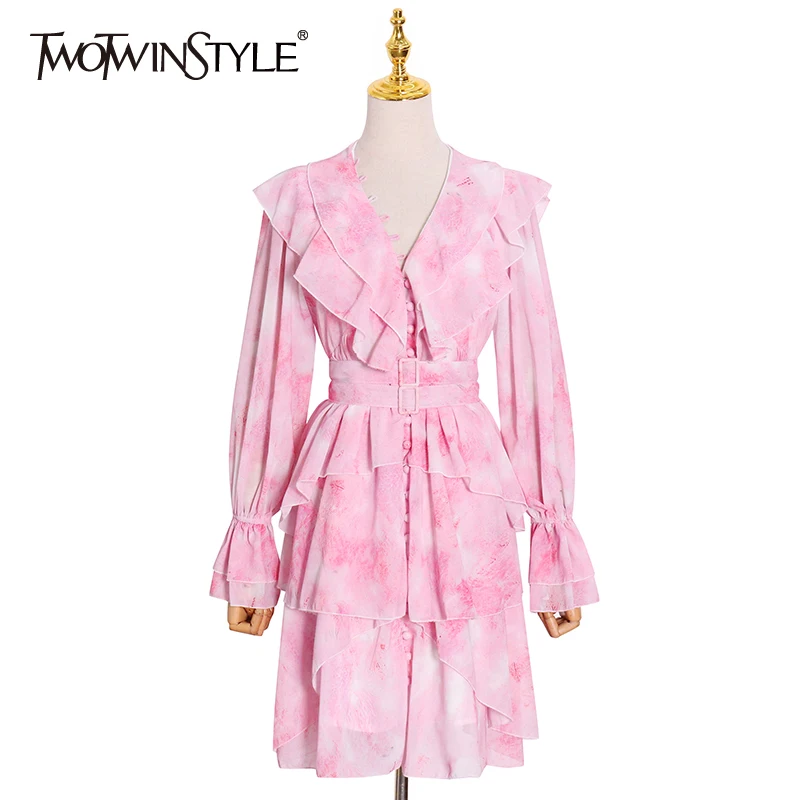 

TWOTWINSTYLE Elegant Patchwork Ruffle Women's Dress V Neck Long Sleeve High Waist Sashes Pink Print Dresses Female 2021 New