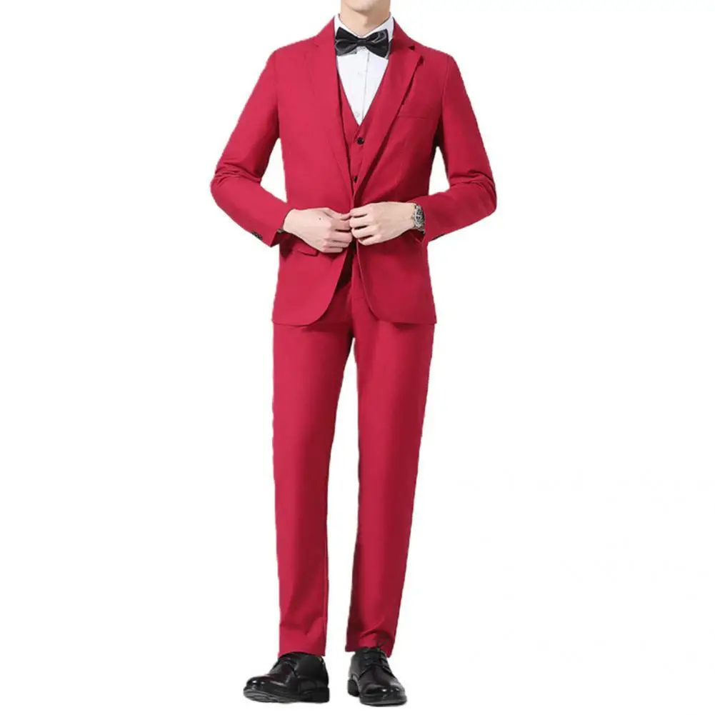 

Business Suit Set Men Fashion V Neck Pockets Formal Men Solid Color Buttons Vest Shirt Pants for Men's Wedding Business Suit