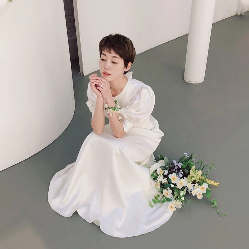 

Special Occasion Dresses Vintage O-Neck Short Button Jersey A-Line Luxury White Floor-Length Fashion Elegant Lady Prom Gown E932