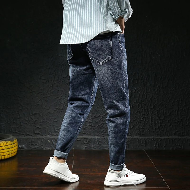 

Men Vintage blue denim wash Ripped Biker Jeans Streetwear Hip Hop man Casual Denim Cargo Denim trousers Plus Size 44 46 48