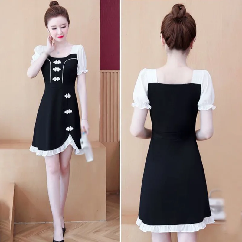 

ROPALIA Summer Short-Sleeved Cheongsam Dress Elegant Fashion Chiffon Stitching Retro Dress