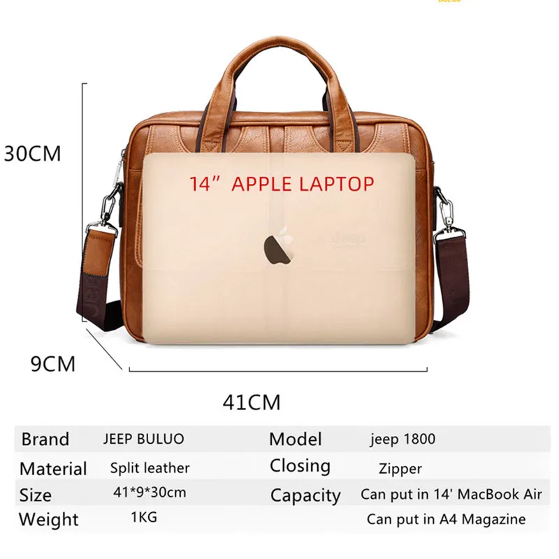 JEEP BULUO Men's Bags Briefcase Travel Easy To Carry Multifunctional Large Handbag 14-inch Computer Split Leather Man Big Bag