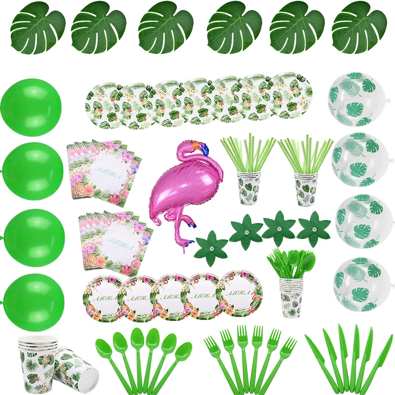 

Hawaii Jungle Party Palm Leaves Disposable Tableware Set Tropical Fruit Pineapple Flamingo Balloon Birthday Party Wedding Decor