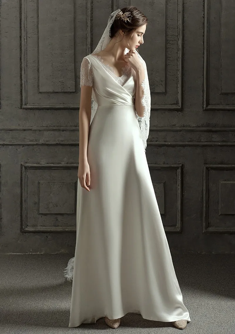 Винтажное атласное кружевное свадебное платье с коротким рукавом и v образным