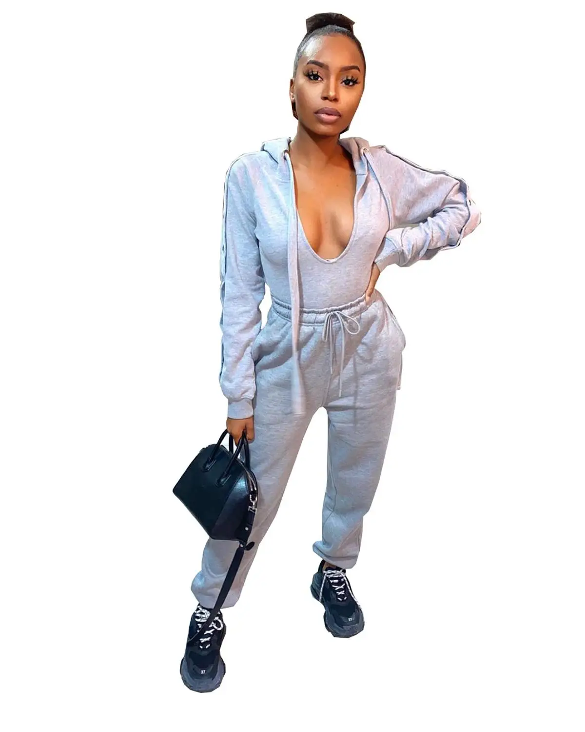 

Hot Selling Solid Sports Women Casual Sets Deep V-Neck Long Sleeve Hooded Sweatshirt Drawstring Ankle Banded Pants Tracksuits
