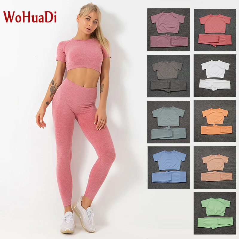 

WOHUADI 2021 женская одежда бесшовная Спортивная одежда для спортзала фитнеса тренировок Женский комплект для йоги футболка с коротким рукавом +...