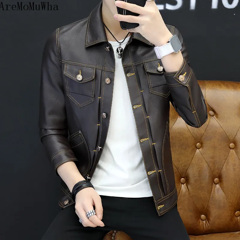 Осенняя новая стильная повседневная короткая мужская Кожаная Мотоциклетная