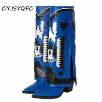 cyjsyqfc real leather ethnic totem embroider women cowboy mid calf boots turned over edge pointed toe high heels lady long boots