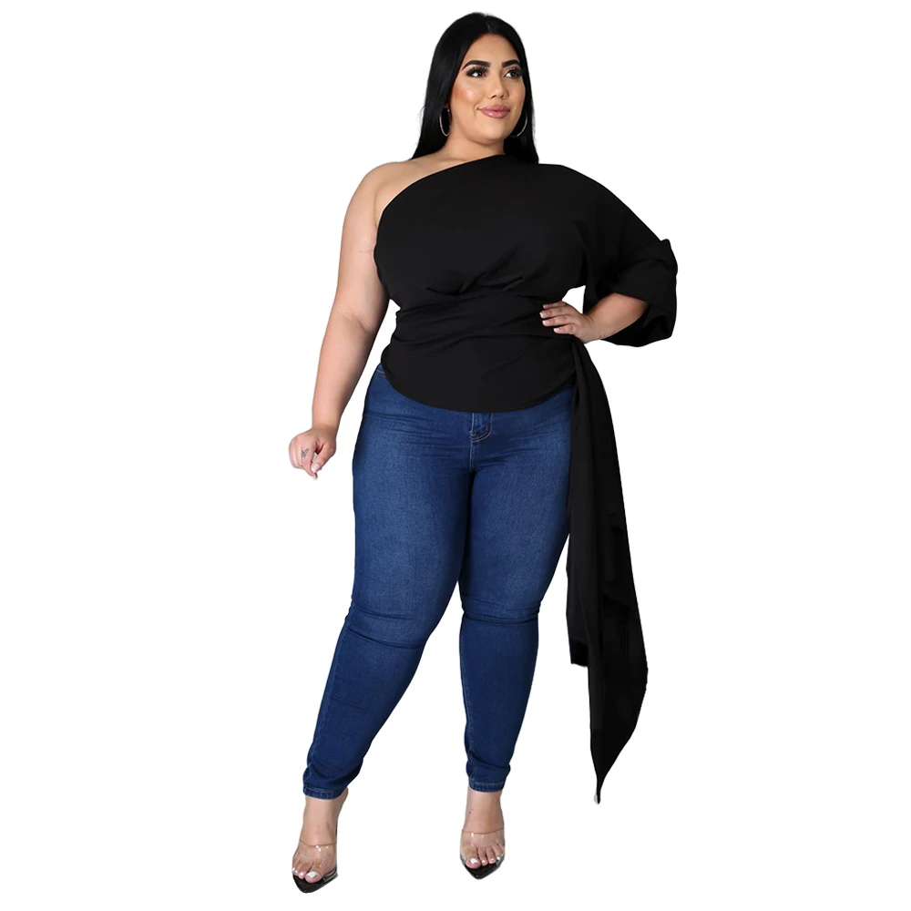 

Women Slim Fit Tshirt Black/red/blue Plus Size Asymmetry Top Fashion One Shoulder Puff Sleeve Vintage Solid Pleated Oversize Tee