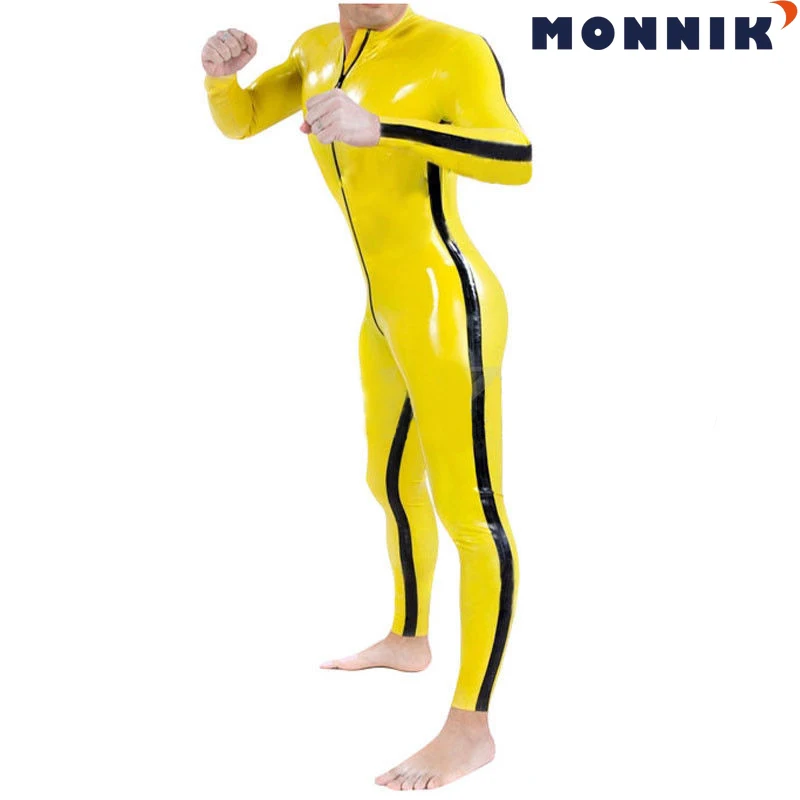 MONNIK латексный сексуальный желтый комбинезон для мужчин с передней молнией