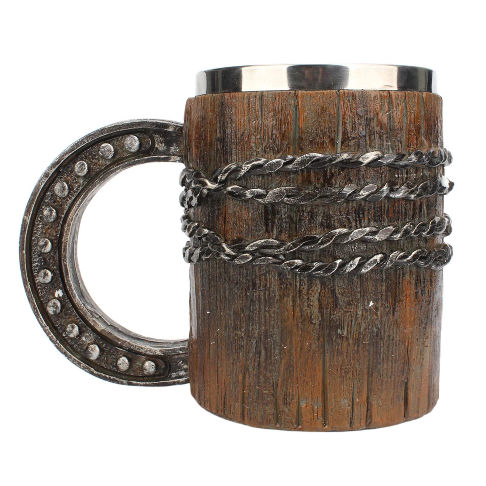 

Wooden Barrel Shape Stainless Steel Resin Mug New Trend Home Office Daily Drinking Cup with Handle