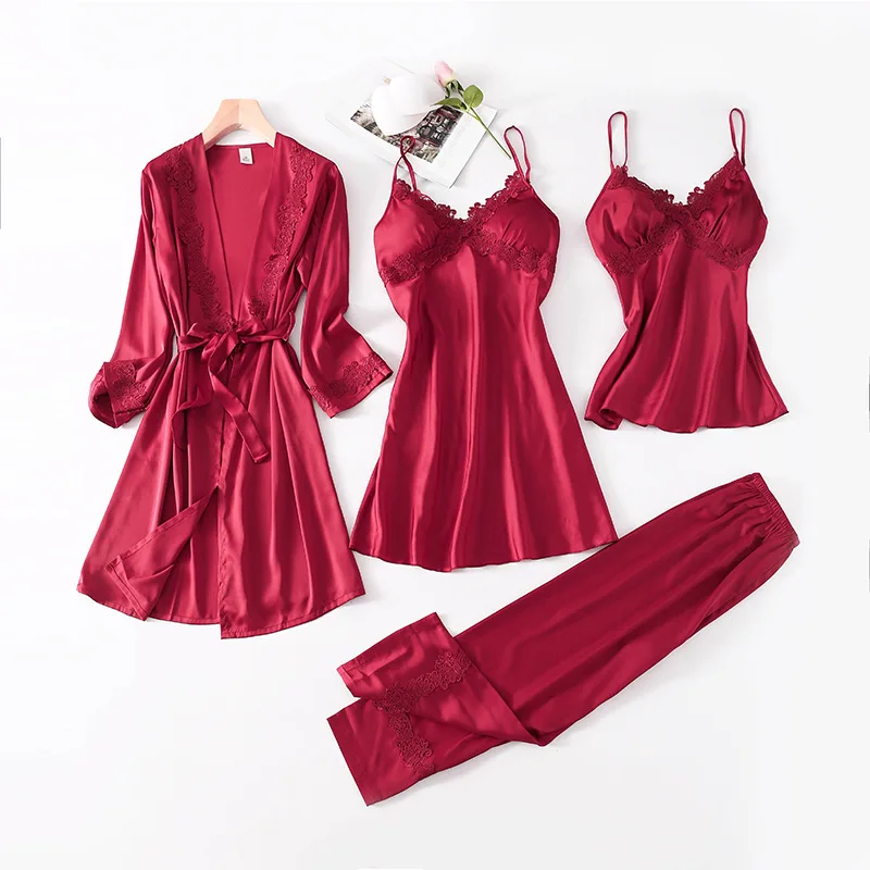 

Robe Suit Sexy Pajamas Gown Set Womens V-Neck Cami Nighties 4PC Wear Pijama Print Home Nightwear Lingerie Spring Lady Nightdress