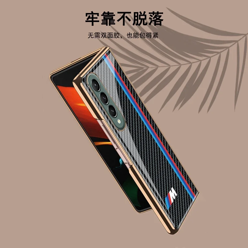 Luxury Tempered Glass Case For Samsung Galaxy Z Fold4 Fold 3 2 Metal Plated Frame Carbon Fiber Texture Cover