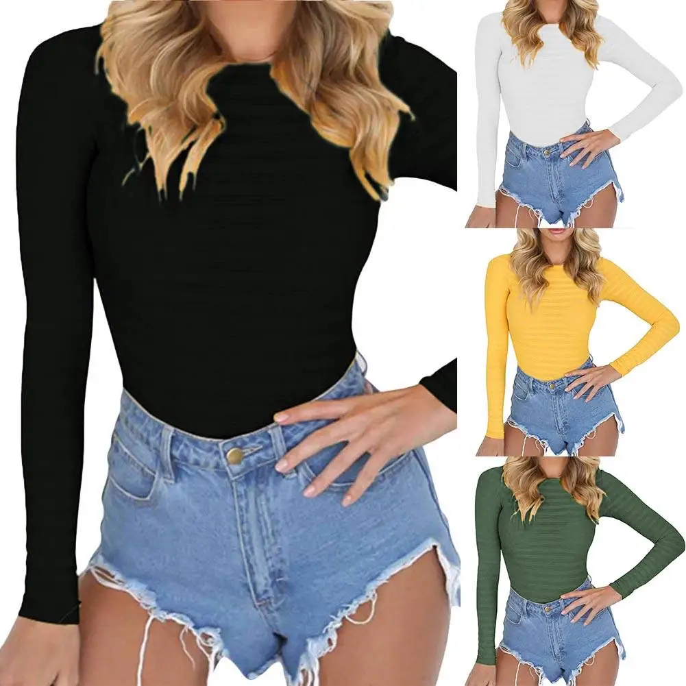 Женское боди с длинным рукавом в полоску одноцветное круглым вырезом эластичное