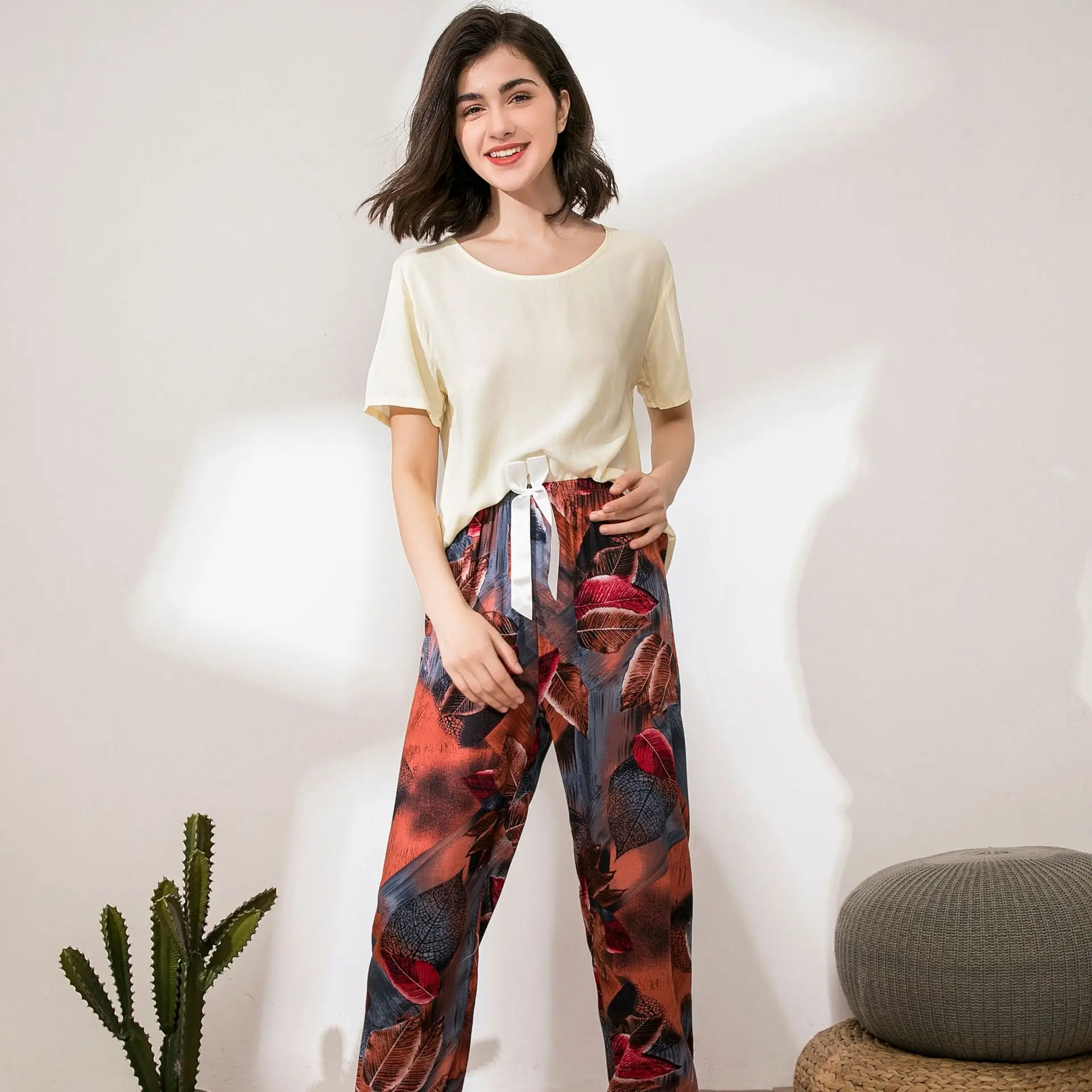 Women's Pajamas Set Viscose Homewear Summer Short-Sleeve T-Shirt Long Pants Sleepwear Suits Floral-Printed Mujer 2PCS Lingeries