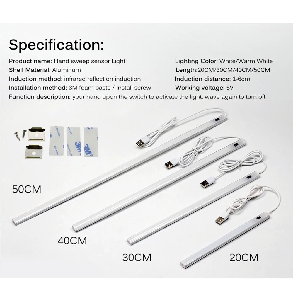 

USB 5V LED Under Cabinet Light Motion Sensor Hand Sweep Lamp 20/30/40/50 CM for Cupboard Wardrobe Bed Closer Stairs Kitchen