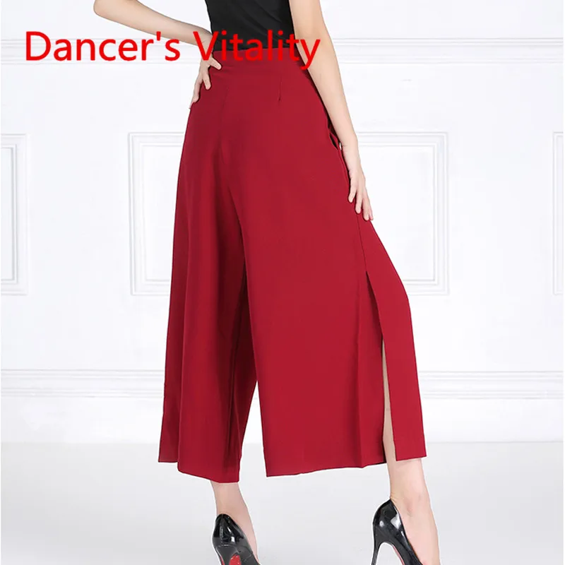 

New Summer Ballroom Dancing Pants Wide Leg Trousers Red Black Modern Dance Trousers Profession Performance Women's Pants