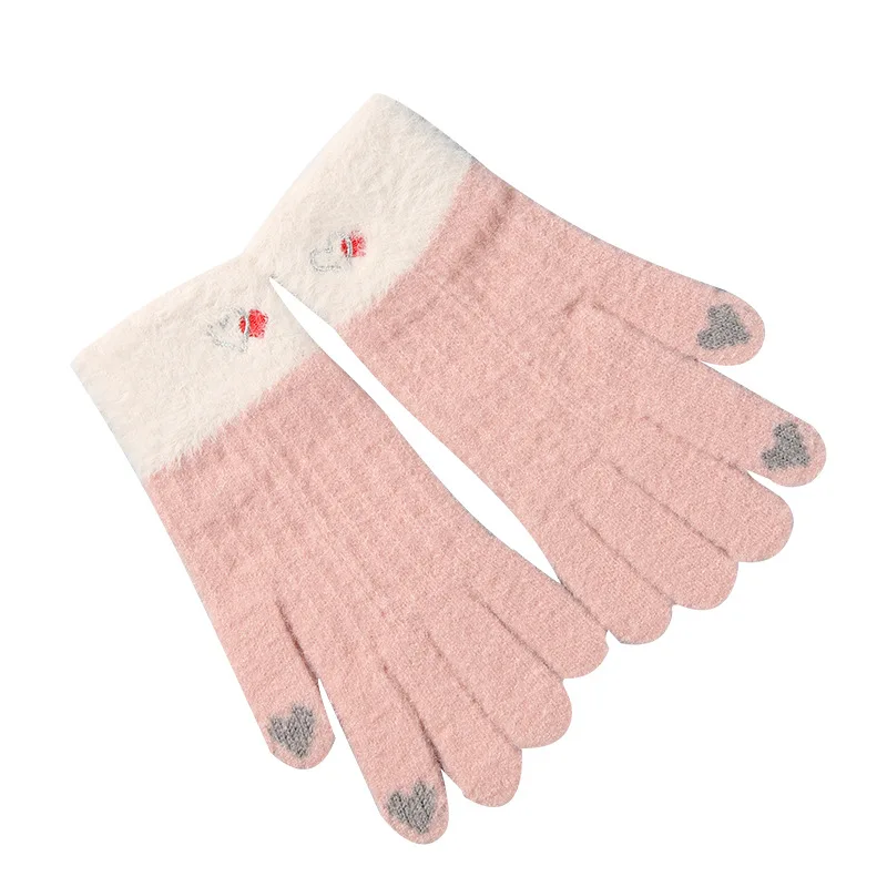 

Gloves female winter touch screen student knitting warmth thickening plus cashmere bicycle five-finger double layer love gloves
