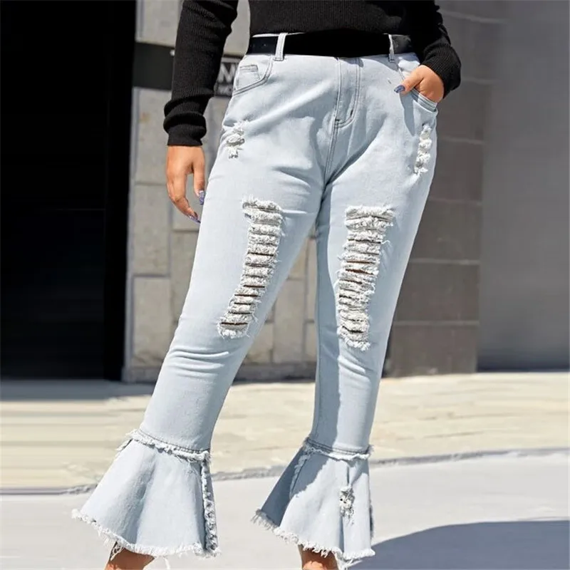 

Женские джинсы большого размера KEXU, однотонные рваные джинсы в уличном стиле, весенние Облегающие расклешенные брюки с высокой талией и бах...