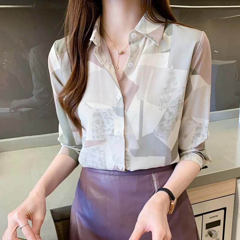 2021 New Retro French Stitching Printing Fashion Women's Chiffon Long Sleeve Shirt Temperament Show Thin Girl Korean Clothing