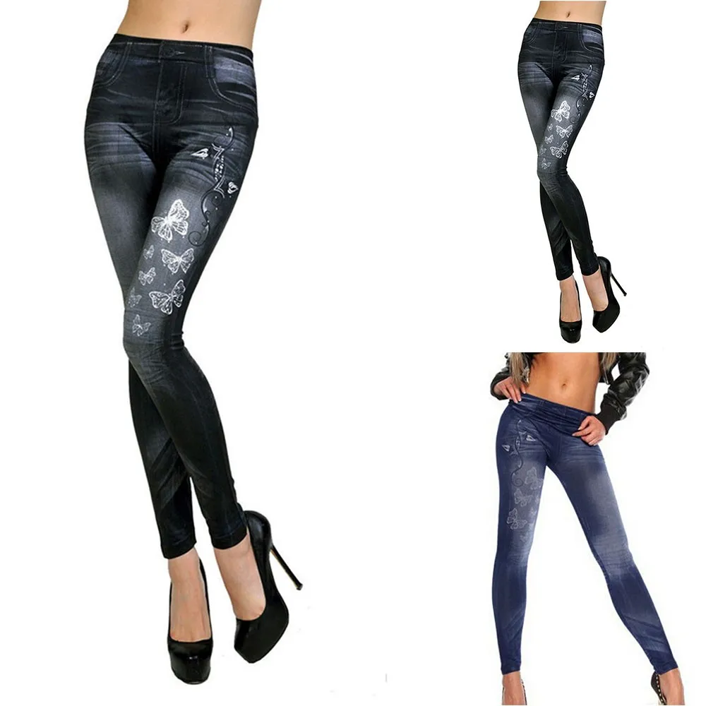 

Women Fleece Lined Winter Jegging Print Jeans Genie Skinny Fashion Leggings Back Women Leggings Faux Denim Jeans High Waist Elas