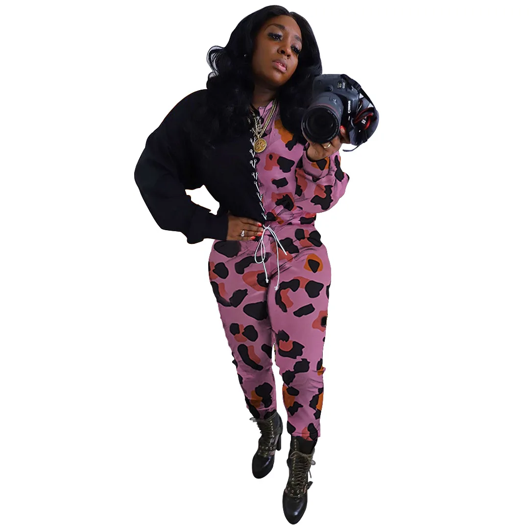 

2021 Spring Women Bandage Sets O-Neck Leopard And Camouflage Patchwork Long Sleeves Tops High Waist Bodycon Pants Tracksuits
