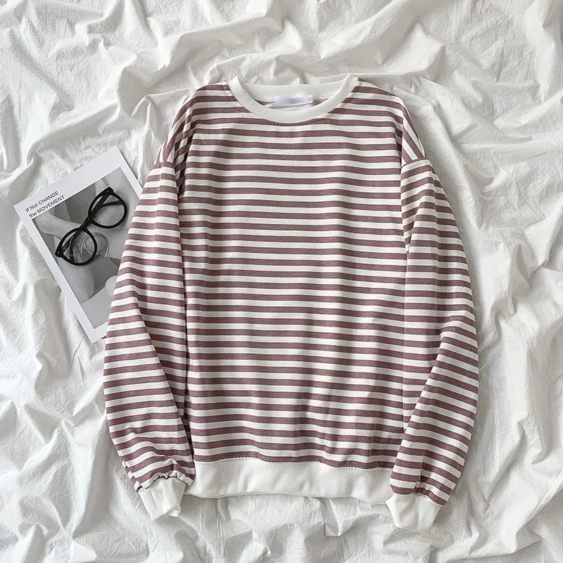 

Syiwidii Fall 2021 New Crewneck Sweatshirt Women Striped Panelled Korean Loose Long Sleeve Pullovers Casual Long Jumpers Tops